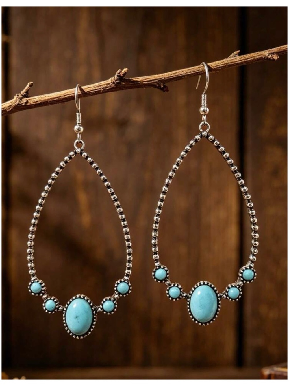 Boho turquoise + silver beaded oval teardrop western hoop earrings, new!